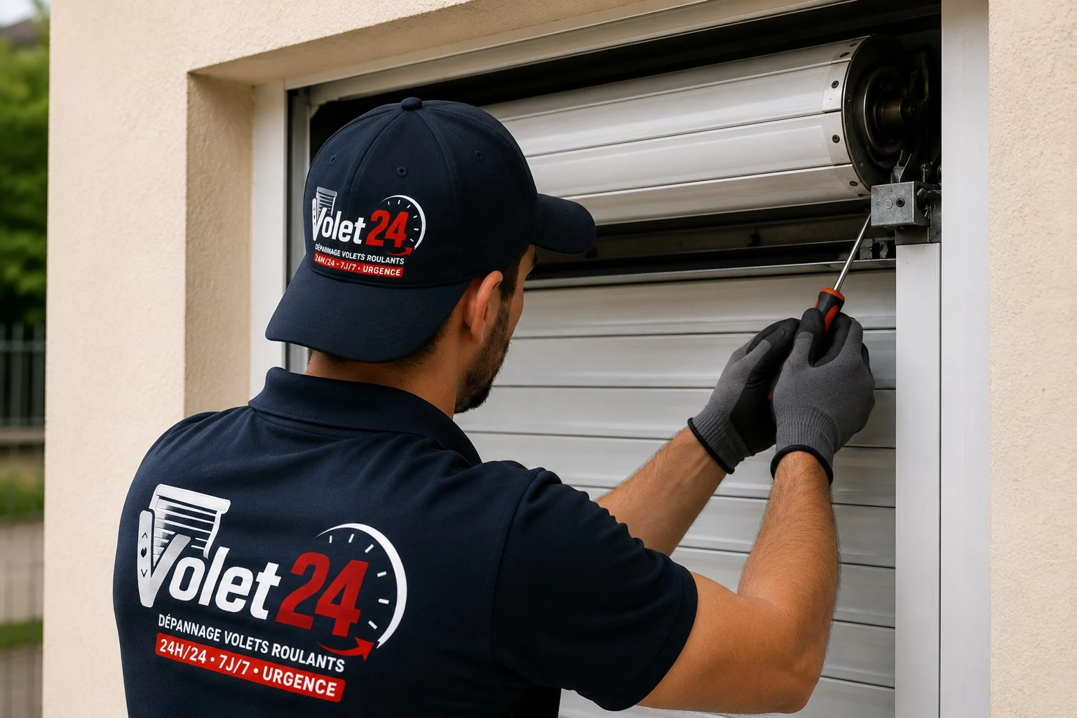 Technicien VOLET24 réparant un volet roulant